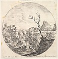 Plate 7: a triple waterfall, a dead tree to right, a mountain and a herd of cows to right in the background, from "Roman landscapes and ruins" (Paysages et ruines de Rome), Stefano della Bella  Italian, Etching