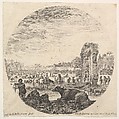 Plate 2: Campo Vaccino, a buffalo and two shepherds in center, the Fontanone, various animals and people in the background, from "Roman landscapes and ruins" (Paysages et ruines de Rome), Stefano della Bella  Italian, Etching