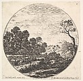 Plate 6: cows crossing a valley to left, a group of trees to left, a horseman and other cows in the background, from "Roman landscapes and ruins" (Paysages et ruines de Rome), Stefano della Bella Italian, Etching