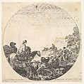 Plate 5: a woman carrying a child on a horse to left, a camel following her, a herd of goats, sheep, and a shepherd in front of her to right, from "Roman landscapes and ruins" (Paysages et ruines de Rome), Stefano della Bella  Italian, Etching