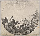 Plate 5: a woman carrying a child on a horse to left, a camel following her, a herd of goats, sheep, and a shepherd in front of her to right, from "Roman landscapes and ruins" (Paysages et ruines de Rome), Stefano della Bella  Italian, Etching