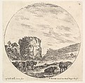 Plate 13: ruins of an ancient temple in the background, a herd of cows in the foreground, from "Roman landscapes and ruins" (Paysages et ruines de Rome), Stefano della Bella Italian, Etching