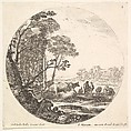 Plate 4: a Corinthian capital on the ground, a monument with figures in low relief, various animals and two shepherds, from "Roman landscapes and ruins" (Paysages et ruines de Rome), Stefano della Bella Italian, Etching