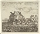 Recumbent Cow, plate 2 from "Different Animals", Adriaen van de Velde  Dutch, Etching