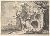 Ruined aqueduct with water spilling from it to a stream below, ships at sea beyond, a man reclining on the ground with three goats in the foreground, from "Six Landscapes in Tyrol", Roelandt Savery  Flemish, Engraving