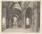 Perspective view of the interior of a hall, with cross-vault decorated with grotesques, plate 18 from "Scenographiae sive Perspectivae", Hans Vredeman de Vries Netherlandish, Etching; second state of two (Hollstein)