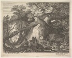 A man holding a staff and seated on a tree trunk; with two goats to either side; surrounded by downed trees, foliage, and a stream, from "Six Landscapes", Roelandt Savery  Flemish, Engraving