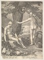 Eve Giving Adam the Forbidden Fruit, plate 3 from "The Story of Adam and Eve", Jan (Pietersz.) Saenredam  Netherlandish, Engraving
