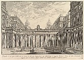 View of a courtyard with a loggia, fountains, statues, and other ornaments (Prospetto d'un regio Cortile nel cui mezzo vi stà una Loggia...), from "Prima Parte di Architettura, e Prospettive", Giovanni Battista Piranesi  Italian, Etching