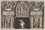 Chimneypiece in the Egyptian style: Two mummies in profile on the left and two figures brearing obelisks on the right (Ch. à l'ègyptienne), from Diverse Maniere d'adornare i cammini ed ogni altra parte degli edifizi...(Different Ways of ornamenting chimneypieces and all other parts of houses), Giovanni Battista Piranesi  Italian, Etching