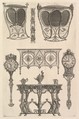 A sedan chair, a coach, a commode, a side table and two clocks (Deux ch. à porteurs v. de côté, une commode, une console, deux pedules, un meuble indét), from Diverse Maniere d'adornare i cammini ed ogni altra parte degli edifizi...(Different Ways of ornamenting chimneypieces and all other parts of houses), Giovanni Battista Piranesi Italian, Etching