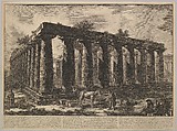 View showing the remains of a large enclosure of columns..., from Différentes vues de quelques Restes de trois grands Edifices qui subsistent encore dans le milieu de l'ancienne Ville de Pesto autrement Posidonia qui est située dans la Lucanie (Different views of some of the remains of three great edifces that still exist at teh center of the ancient city of Pesto, or Posidonia [Paestum], which is siutated in Lucania), Giovanni Battista Piranesi  Italian, Etching