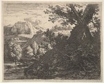 Tree with roots laid bare alongside a stream, a hilly landscape and a man walking behind quadrupeds beyond, Karel Dujardin Dutch, Etching