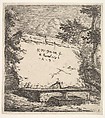 Frontispiece with stepped fountain; a stone wall with water spout pouring water into a rectilinear basin, from which a second spout pours water into a smaller rectilinear basin, flanked by tree branches, Karel Dujardin Dutch, Etching