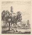 Two mules bearing panniers and outfitted with blinders, plumes, and tassels; one mule in three-quarter view and behind it a mule in frontal view; beyond a man mounted on a horse directs mules with a rod, Karel Dujardin Dutch, Etching