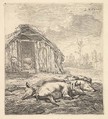 Three pigs lying on their sides, a pigsty and trough beyond, Karel Dujardin Dutch, Etching