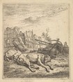 Two dogs sleeping on the ground; a plough, farm equipment, bunches of straw, and a fence beyond, Karel Dujardin Dutch, Etching