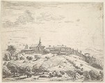 Walled village on a hill, with church at left and buildings constructed on the downslope at right, trees and hillside in the foreground, Karel Dujardin Dutch, Etching