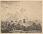 View of hillside with ruins (an aqueduct?) and mountain crag beyond, in the foreground a man kneels on the grass beside a standing man and a dog, Karel Dujardin Dutch, Etching
