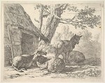 Four sheep, one sheep stands among three others lying on the ground next to a shed with thatched roof and open door, Karel Dujardin Dutch, Etching