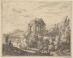 View of ruins showing the corner of a building with two arched windows, in a landscape with a stream in the foreground, from a series of four plates showing ruins of a single building, Karel Dujardin Dutch, Etching