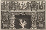 Bird in shell at the center of the lintel, with a frieze of trophies, surmounted by an overmantel with candelabra and flanked by chairs. (Ch. décorée d'une frise de casques et d'armures . . .), Giovanni Battista Piranesi Italian, Etching