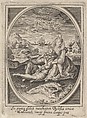 A couple seated on the ground, the man holding a goblet and reclining against the woman's leg, a ship at sea and landscape beyond, Heinrich Ulrich  German, Engraving