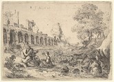 Corsica seated before satyrs on the bank of a river, from a pair of plates for Battista Guarini's "Il Pastor fido", Bartholomeus Breenbergh Dutch, Etching