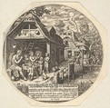 Enoch and his family surrounding a meal table and holding their hands in a gesture of prayer; behind them is the open end of house; to the right a woman hands out bread to a child, young man, and old man, Johann Theodor de Bry Netherlandish, Engraving