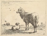 A mature sheep in three-quarters view standing and looking left, beside it a lamb lies on the grass, Karel Dujardin Dutch, Etching