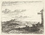 Landscape with corner of building and awning at far right, two figures and a horse-drawn cart are positioned with backs toward the building, a craggy hill beyond, from "The Small Landscapes", Karel Dujardin Dutch, Etching