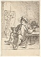 Male peasant smoking a pipe and holding a drinking cup, his left elbow resting on a table, another man seated at the table, a waitress walking through a doorway beyond, David Teniers the Younger  Flemish, Etching
