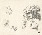 Study of heads in profile view, a woman with headcloth and bearded man whose heads overlap above, two facing profiles below, Karel Dujardin Dutch, Etching