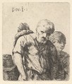 Bearded man shown in half-length with bundle slung over right shoulderblade, flanked by a woman shown in half-length and a man wearing a tall hat in lower left corner, Karel Dujardin Dutch, Etching
