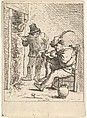 Two male peasants holding pipes before a fireplace, one seated with the pipe held to his mouth, to his left the other stands with the pipe in his right hand, David Teniers the Younger  Flemish, Etching