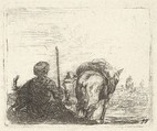 Pack-horse, seated man with staff in right hand, and dog, all viewed from the rear, from "The Small Landscapes", Karel Dujardin Dutch, Etching