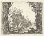 Landscape flanked by trees in the left and right foreground, silhouettes of two goats, a river with cliffs beyond, from "The Small Landscapes", Karel Dujardin Dutch, Etching