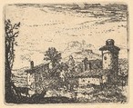 Landscape with two horned goats in shadow at left foreground, village buildings beyond, from "The Small Landscapes", Karel Dujardin Dutch, Etching