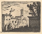 Townscape with wall and foliage in shadow in right foreground, buildings with smoking chimney and square tower beyond, from "The Small Landscapes", Karel Dujardin Dutch, Etching