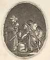 Salome receiving the head of John the Baptist, surrounded by three men and a child bearing a torch, the Baptist's body lies on the ground, Hendrick Goudt Dutch, Engraving