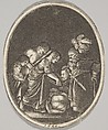 Salome receiving the head of John the Baptist, surrounded by three men and a child bearing a torch, the Baptist's body lies on the ground, Hendrick Goudt Dutch, Engraving