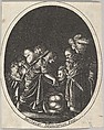 Salome receiving the head of John the Baptist, surrounded by three men and a child bearing a torch, the Baptist's body lies on the ground, Balthazar Moncornet  French, Engraving