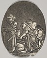 Salome receiving the head of John the Baptist, surrounded by three men and a child bearing a torch, the Baptist's body lies on the ground, Hendrick Goudt Dutch, Engraving