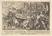 Mankind surrendering to lechery before the Flood: embracing couples on benches around a table with food and drink, from "Liber Genesis", Crispijn de Passe the Elder Netherlandish, Engraving