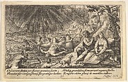 The beginning of the Flood: men and women climb to higher ground at right, water overtaking animals and people at left, Noah's Ark beyond, from "Liber Genesis", Crispijn de Passe the Elder Netherlandish, Engraving