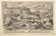 The Flood destroys life on earth: corpses of humans and animals adrift in the foreground, Noah's ark beyond and a flying dove holding a branch above, from "Liber Genesis", Crispijn de Passe the Elder Netherlandish, Engraving