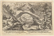 Aftermath of the Flood: human bodies strewn on dry land in the foreground, Noah's ark moored on a rocky outcrop beyond, from "Liber Genesis", Crispijn de Passe the Elder Netherlandish, Engraving