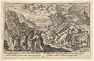 Noah leaving the ark with his family and animals: at left Noah's family carries supplies, at right animals descend on a ramp from the ark, above birds fly from the ark, from "Liber Genesis", Crispijn de Passe the Elder Netherlandish, Engraving