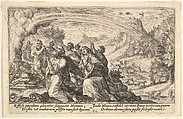 God enters into a covenant with Noah: next to a smoking pyre Noah kneels in a gesture of prayer, surrounded by members of his family, a rainbow stretches over them, from "Liber Genesis", Crispijn de Passe the Elder Netherlandish, Engraving