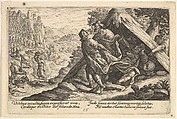 Drunkenness of Noah: Shem and Japheth cover the naked body of Noah, who lies in a tent, a male figure at far right points to Noah, from "Liber Genesis", Crispijn de Passe the Elder Netherlandish, Engraving